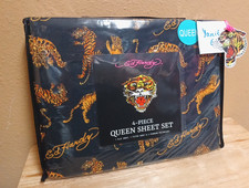 Ed Hardy Black with Crouching Tigers Print 4pc QUEEN Sheet Set