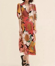 Farm Rio Colorful Sunflowers Midi Dress Size XS Flowers Pink Red Yellow