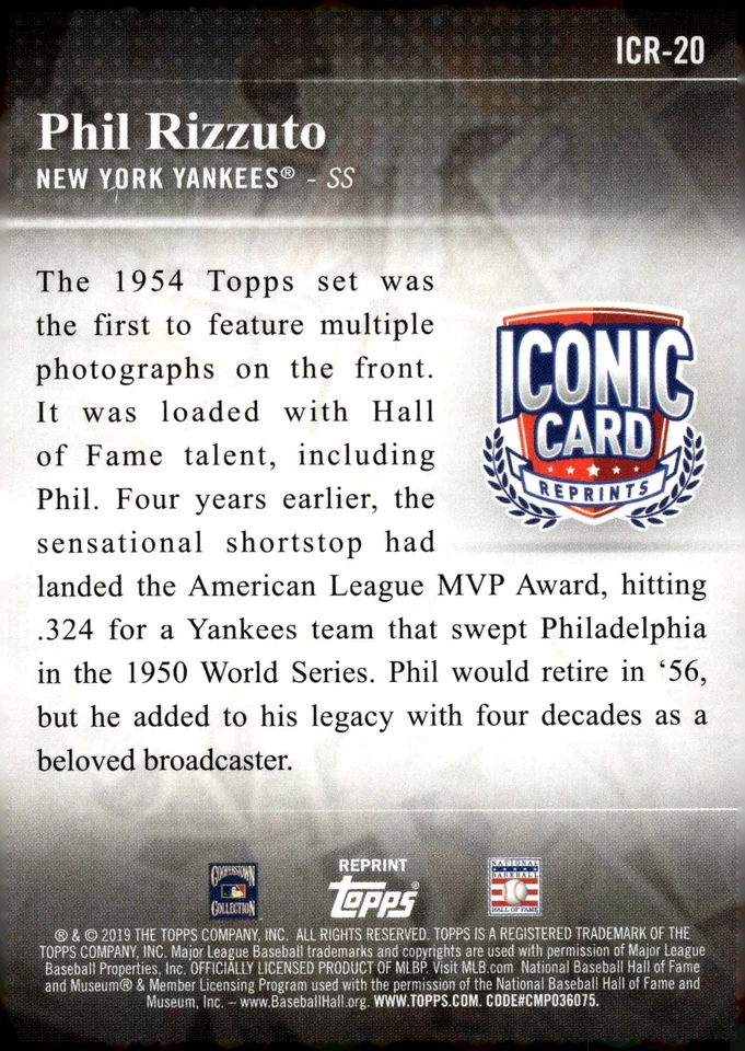 2019 Topps Update #ICR-20 Phil Rizzuto Iconic Card Reprints - Image 2 of 2