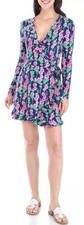LILLY PULITZER MIRELLE RUFFLE TRIM LONG SLEEVE WRAP ROMPER IN OYSTER BAY NAVY S.