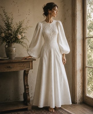 Vintage 1970s Ivory Doen Style Prairie Dress Long Puff Sleeve Gunne Style