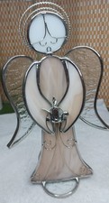 Pink Silver Stained Glass Angel Holding Candle  9.5x6" Standing Figure Dbl Halo