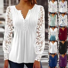 Autumn Tops Holiday Long Sleeve T-Shirts Lace Blouse TEE Ladies V Neck Size 6-24
