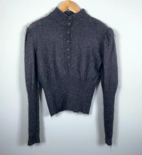 VTG Silk Mohair Cropped Henley Sweater Small Charcoal Gray Dikton Spain Knit