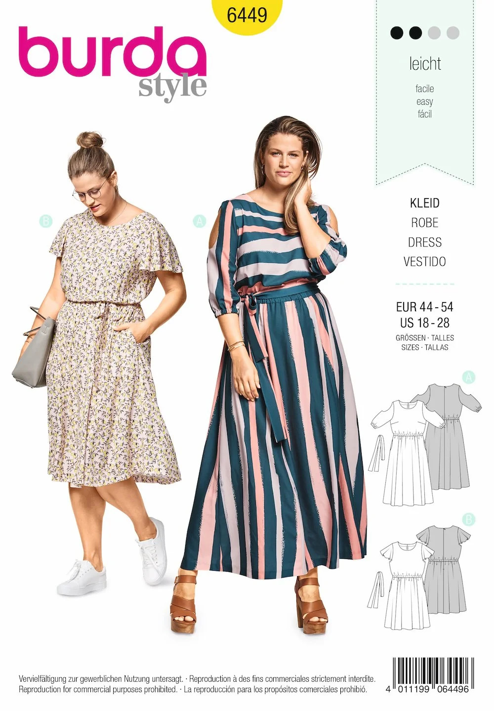 BURDA 6449 DRESSES WOMEN'S Sewing Pattern  Size 18-28  Skill: EASY
