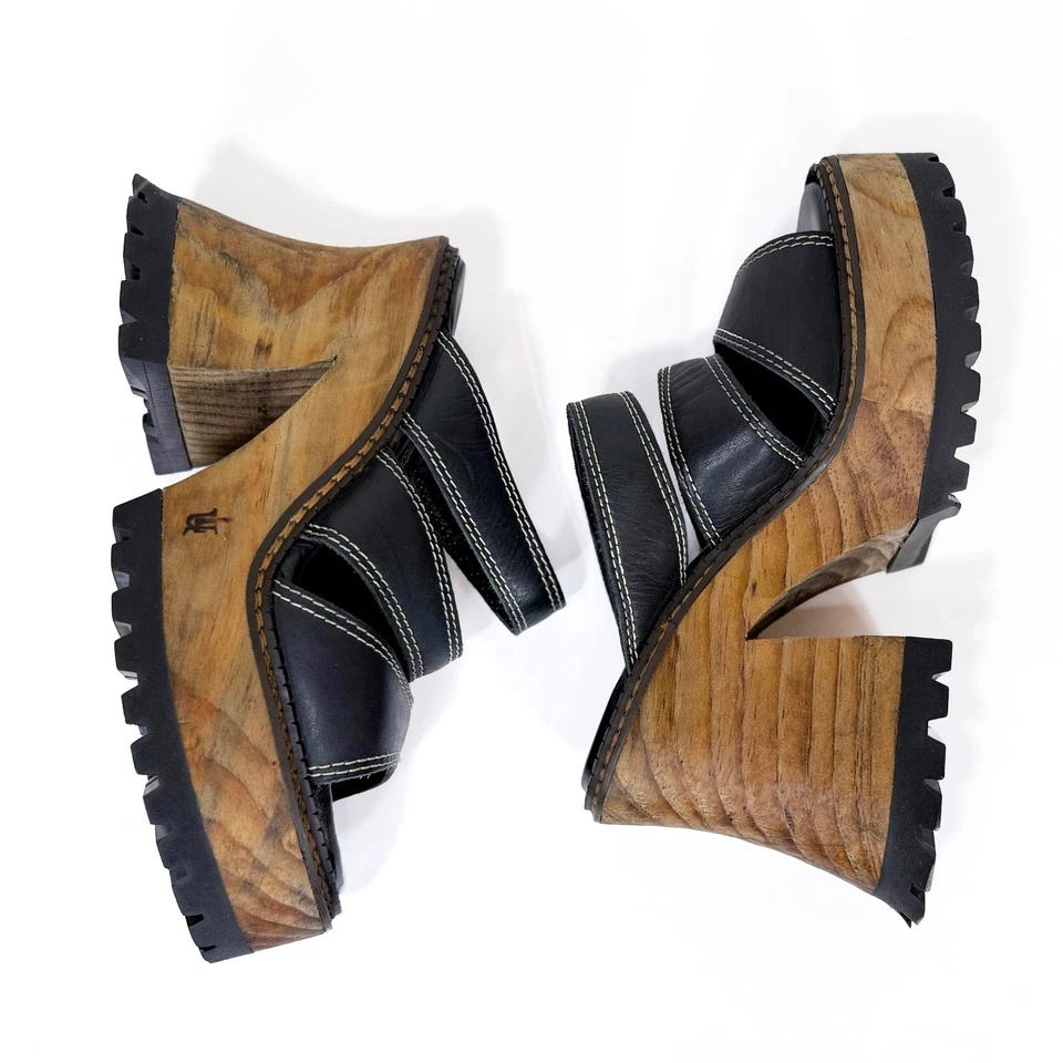 Vintage 90’s LONDON UNDERGROUND CHUNKY PLATFORM SANDALS 9 Mules Y2K Wood - Image 3 of 4