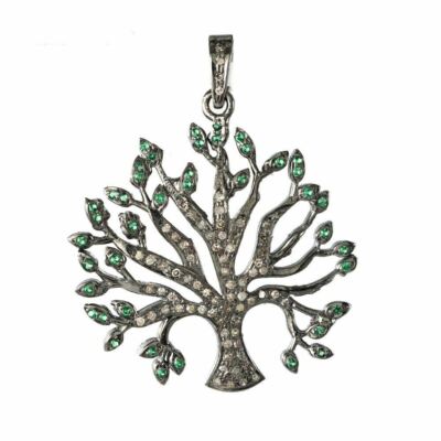 Natural Tsavorite Diamond 925 Sterling Silver Tree Of Life Designer Pendant