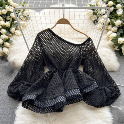 Lady Hollow Out Blouses Tops Sheer Mesh Ruffle Puff Sleeve Asymmetric Party Sexy