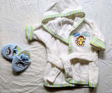 Infant Terry Hooded Bathrobe Tie Belt 0-9 Mos Monkey With Matching Blue Slippers