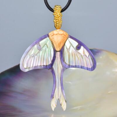Luna Moth Butterfly Pendant Carved Shell & Gold Vermeil Sterling Silver 7.92g