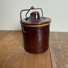 Brown Glazed Stoneware Crock Canister with Bale hinge Lock lid