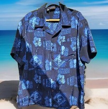 Kennington Ltd Vintage Shirt Mens Sz XL Blue Hawaiian Tapa Skull Pineapple Print