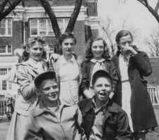 1950s Boys Girls Friends Schoolyard Smiles Boys Girls Brick Building Childhood