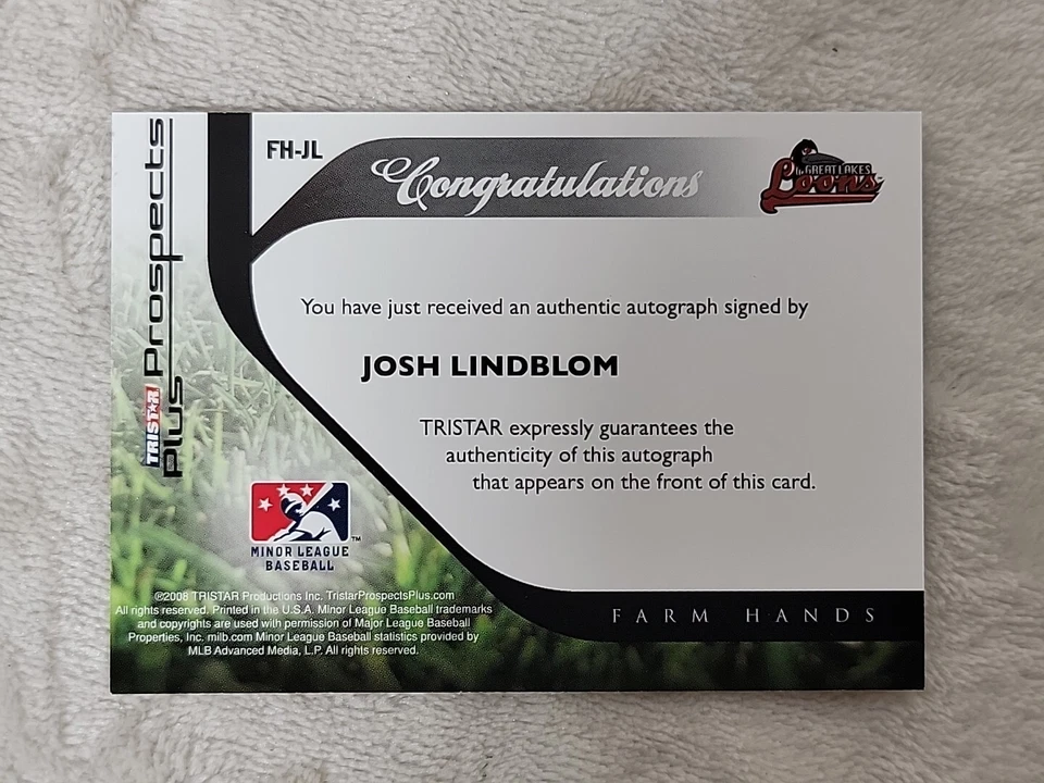 Josh Lindblom 2008 TRISTAR Prospects Plus Farm Hands Authentic Auto #FH-JL - Image 2 of 4