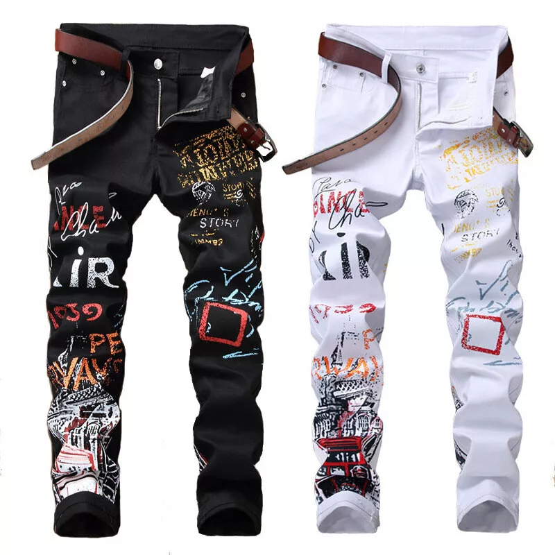 Men's Punk Graffiti Printed Jeans Pants Fashion Denim Slim