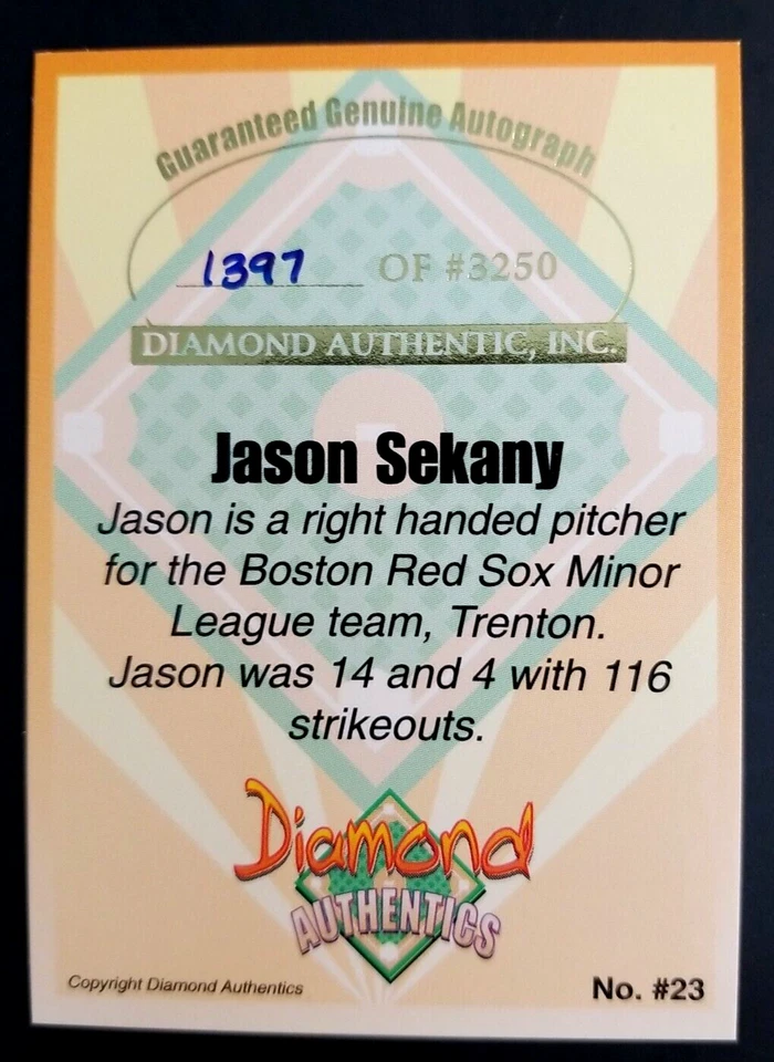 Jason Sekany Boston Red Sox 2000 Authentic Autographed #23 Baseball Card - Image 2 of 2
