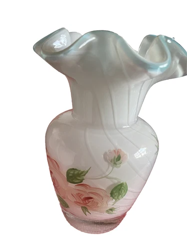 Vintage Fenton Opalescent Swirl Cased Glass Handpainted Roses Blue Ruffled Vase