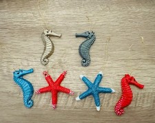 Set of 6 Beach themed Ornaments. Red, gold, teal,  gray with white accents.
