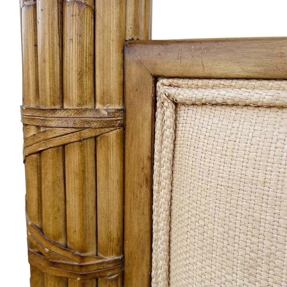 Cama con cartel de bambú Queen con dosel de acero y tela de lino crema - Holl vintage Foto 4 de 4