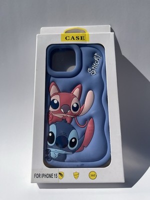 Blue Pink Stitch Cartoon Silicone Fitted Case for Apple iPhone 15 360 Protection