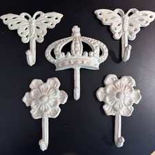 SET OF 5 Wrought Iron Hooks - Decorative Wall Hooks Cottage Core Whitewashed 5"