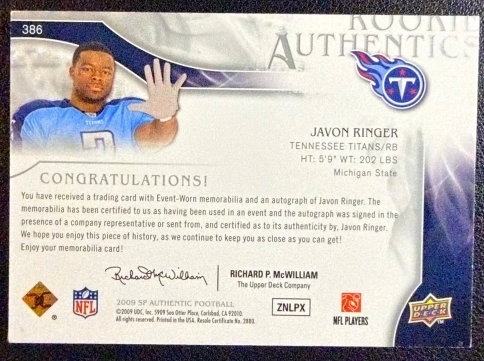 JAVON RINGER 2009 SP Authentic 3-Color Rookie Patch Autograph 188/999 - Image 2 of 2