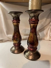 Pier 1 Metallic Drip 13” Gold Red Candle Holders Set of 2 Holiday Decoration