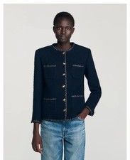 Sandro Standing collar Detachable Tweed Multi-pocket jacket Coats Tops