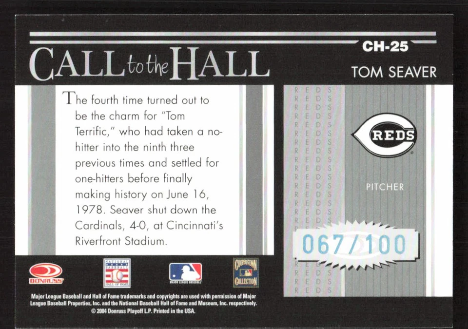 2004 Donruss Timelines Tom Seaver Call to the Hall Silver #/100 #CH-25 Card - Image 2 of 2