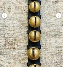 Vintage Solid Brass Sleigh Bells On Rustic Heavy Leather Strap;Farmhouse Mantle