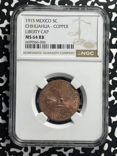 1915 Mexico Chihuahua Liberty Cap 5 Centavos NGC MS64RB Lot#G813 Choice UNC!