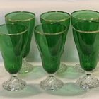 6  Anchor Hocking Forest Green with gold rimmed edge 6” Glasses From 1950’s VTG