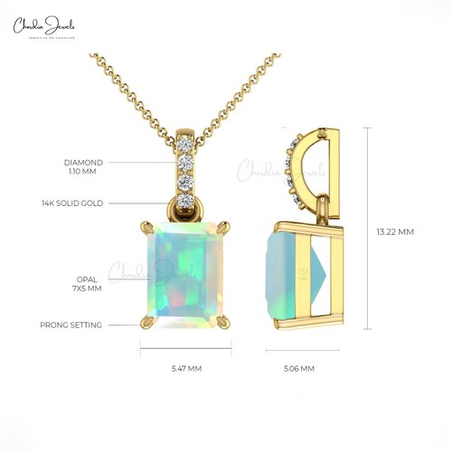 7x5mm Emerald Cut Opal & Diamond Pendant 14k Solid Gold Classic Women’s Jewelry - Picture 12 of 22