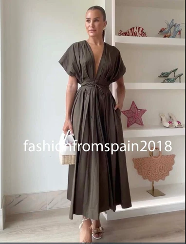 ZARA NEW WOMAN ZW COLLECTION PLEATED MIDI DRESS DARK KHAKI XS-XL 2965/260/507