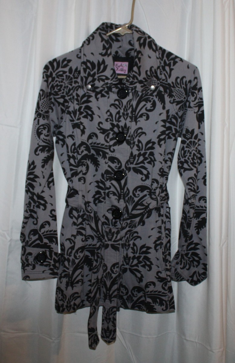 L.A. Kitty® Black & Gray Floral Belted Long Sleeve Peacoat Jacket