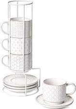 Stackable Cappuccino Cups with Saucers and Stand, Embossed Ceramic Coffee Mugs