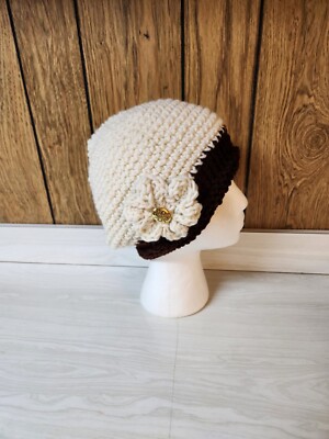 HANDMADE CROCHETED IVORY OFF WHITE /BROWN FLOWER SLOUCH HAT READY TO SHIP