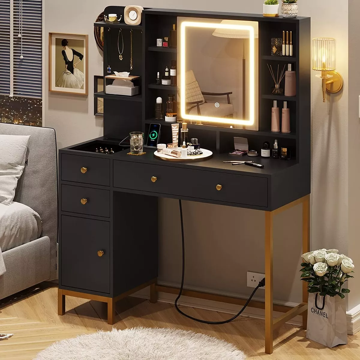 Black and gold vanity desk outlet