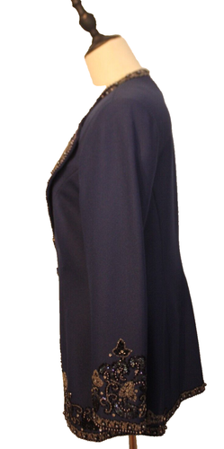 Vintage 80's Diane Freis Size M Navy Blue Beaded Sequins Cocktail Blazer Jacket - Picture 7 of 10