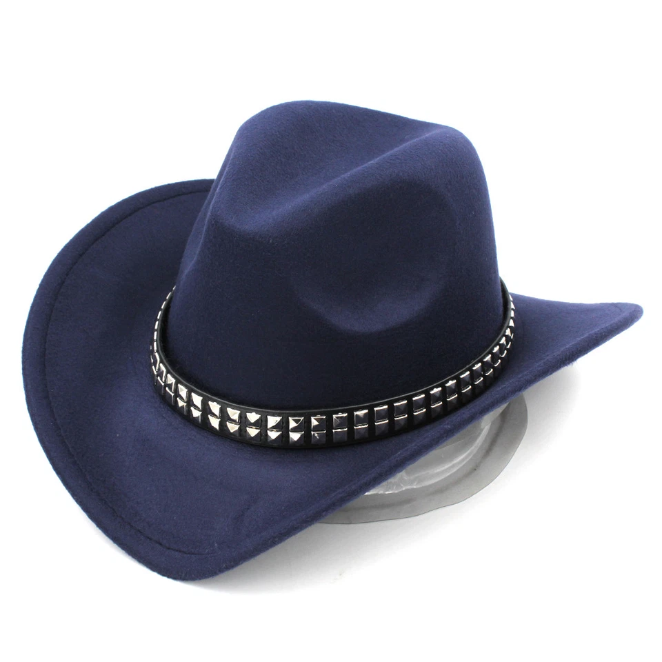 Mujeres Hombres Sombreros de Vaquero del Oeste Ala Ancha Vaquera Jazz Gorra Punk Remache Cuero Banda Foto 4 de 4