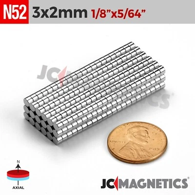 3mm x 2mm 1/8"x 5/64" N52 Strong Rare Earth Neodymium Small Magnet Discs 3x2mm - Image 1 of 2