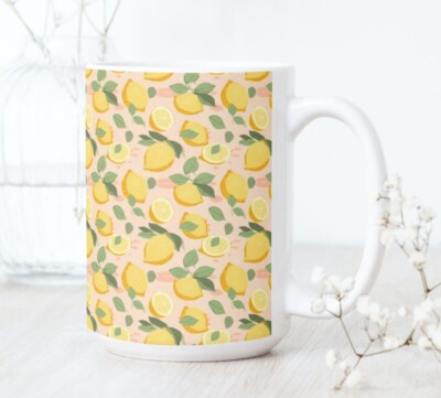 Fresh Lemons Coffee Tea Mug Cup 15 Oz Ceramic Colorful Illustration by Mugzan