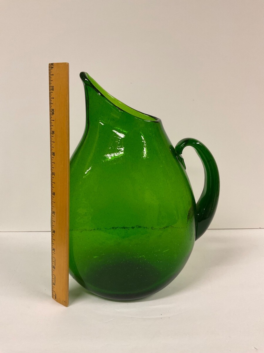 Vintage MCM Blenko Glass 967 Pitcher In Emerald Lime Green Seeded