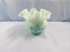 Fenton Hand Painted Blue Roses on Blue Satin Glass Rose Bowl Vase