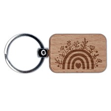 Bohemian Floral Rainbow Engraved Wood Rectangle Keychain Tag Charm