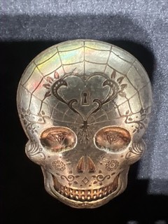 10 Troy Oz 999 FINE SILVER HAND POURED BAR DAY OF THE DEAD SUGAR SKULL COLORED