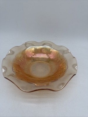 Jeanette Iris and Herringbone Marigold Ruffled Rim Glass Bowl Approx 9.5'' Wide