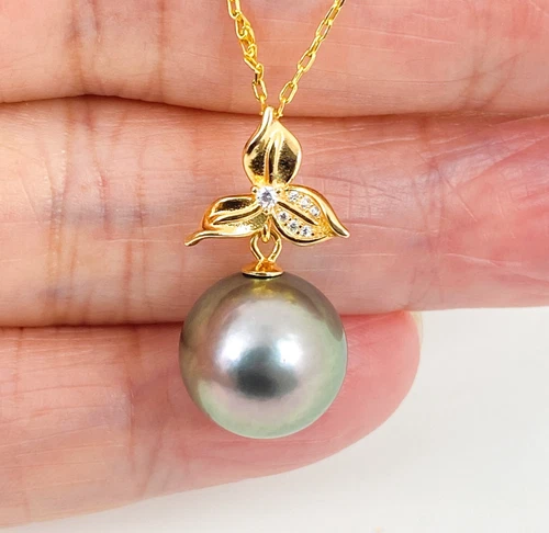 12.4mm Genuine Tahitian Pearl Pendant, 18K Yellow Gold over 925 Silver #SP2033