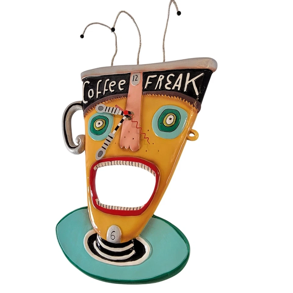 Rare Allen Designs Coffee Freak Wall Clock Studio Art Funky Mug Face 13x9" Works - Image 4 of 4