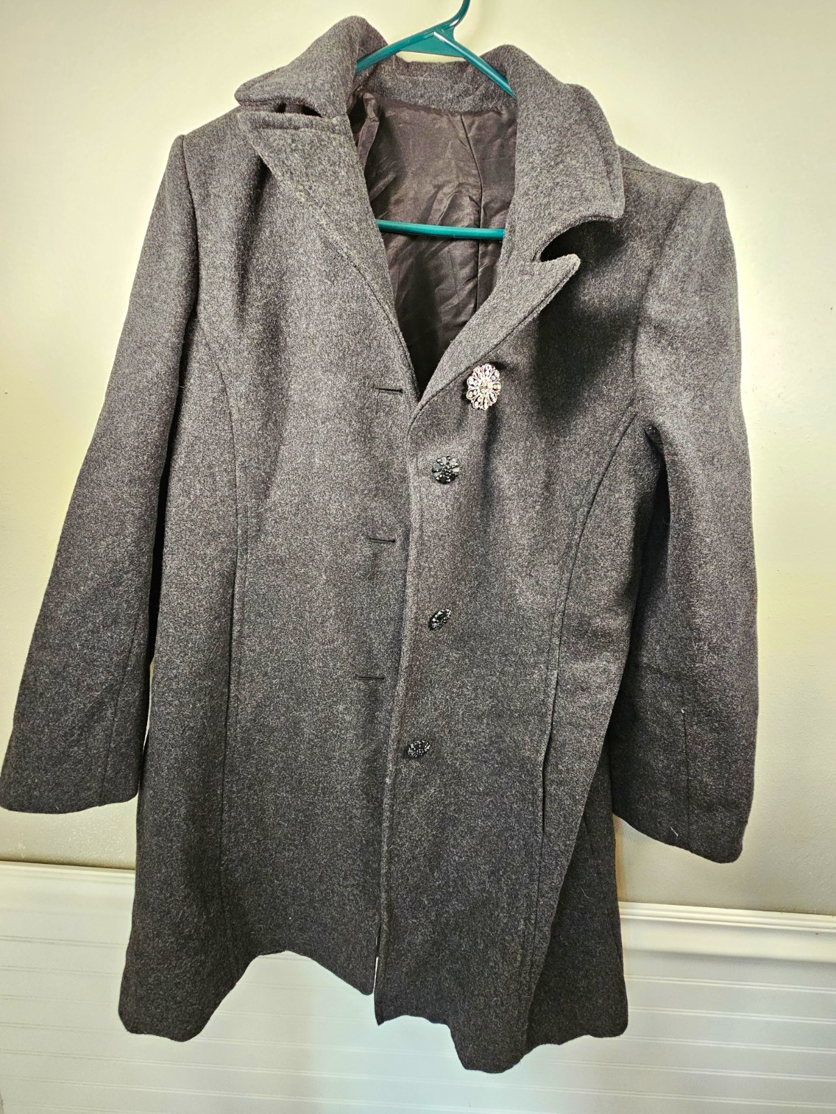 Women's Gray Lined Peacoat Mid-Length Long Sleeve Button Front Size L